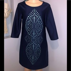 Tiana B size 10 Blue geo Dress Light Dark 3/4 sleeve woman’s Aztec design